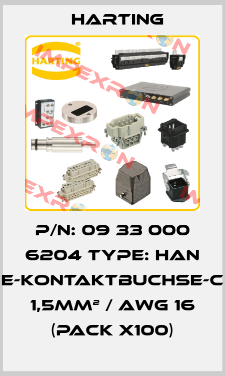 P/N: 09 33 000 6204 Type: Han E-Kontaktbuchse-c 1,5mm² / AWG 16 (pack x100) Harting