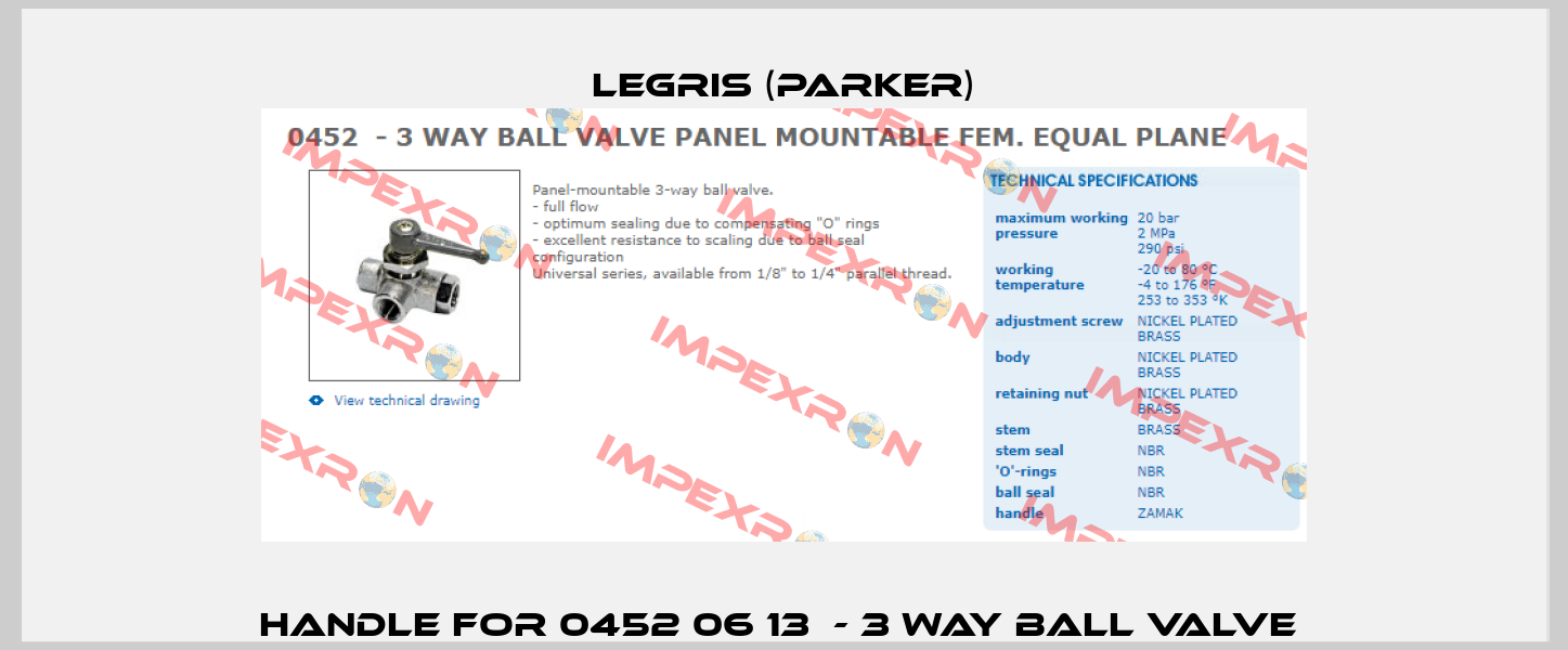 Handle for 0452 06 13  - 3 WAY BALL VALVE  Legris (Parker)